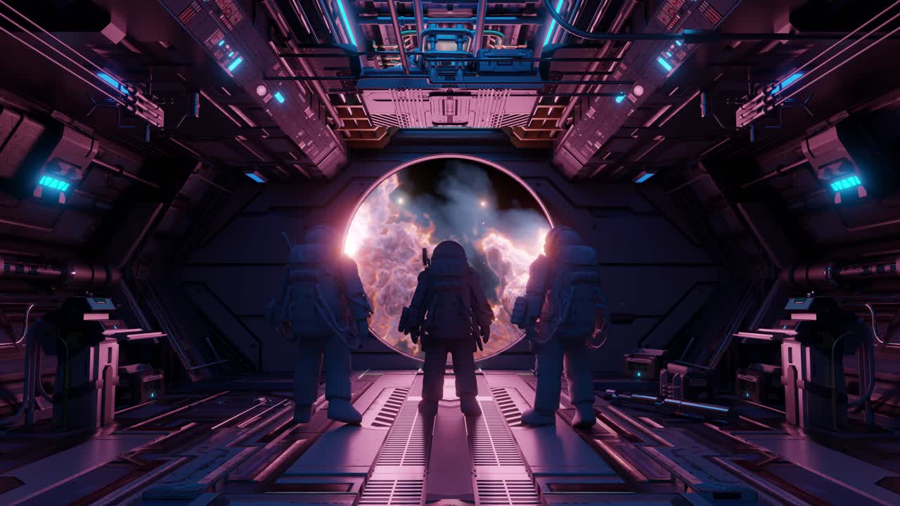 Astronauts observing nebula from spaceship bay window