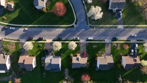 top down aerial shot of neighborhood in spring