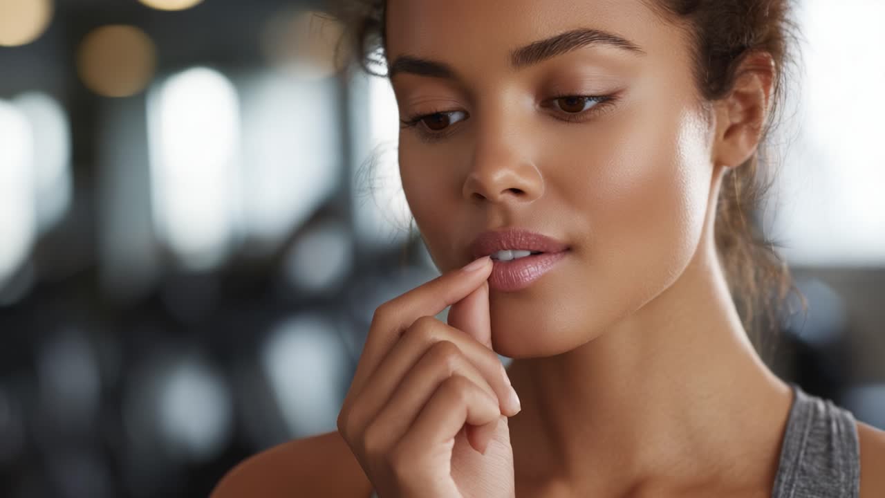 A Close-Up of a Thoughtful Woman in a Fitness Environment, Capturing a Moment of Reflection with a Subtle Gesture and Expressive Eyes