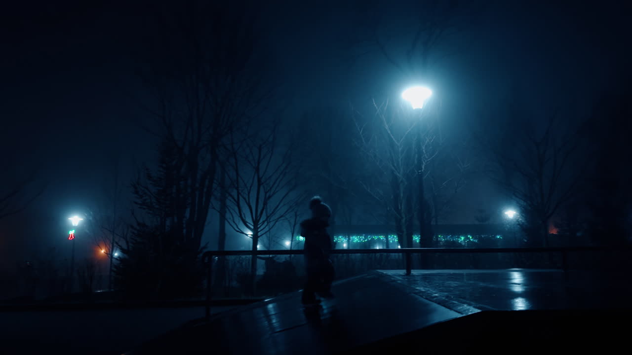 Dark park with few dim light street lamps in the evening. Little toddler wearing warm clothes walking outdoors.