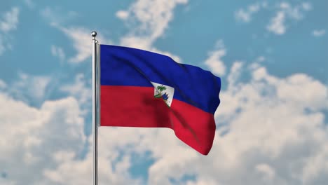 Bandera-De-Haití-Ondeando-En-El-Cielo-Azul-Video-Realista-4k