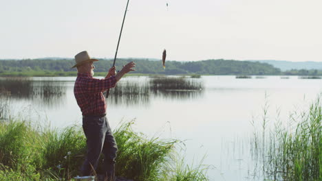 alter grauhaariger kaukasischer fischer mit hut, der mit einer rute einen fisch aus dem see fängt