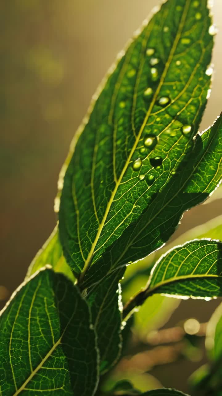 Video in primo piano di una foglia verde vibrante con goccioline d'acqua, ripreso da un'angolazione bassa.