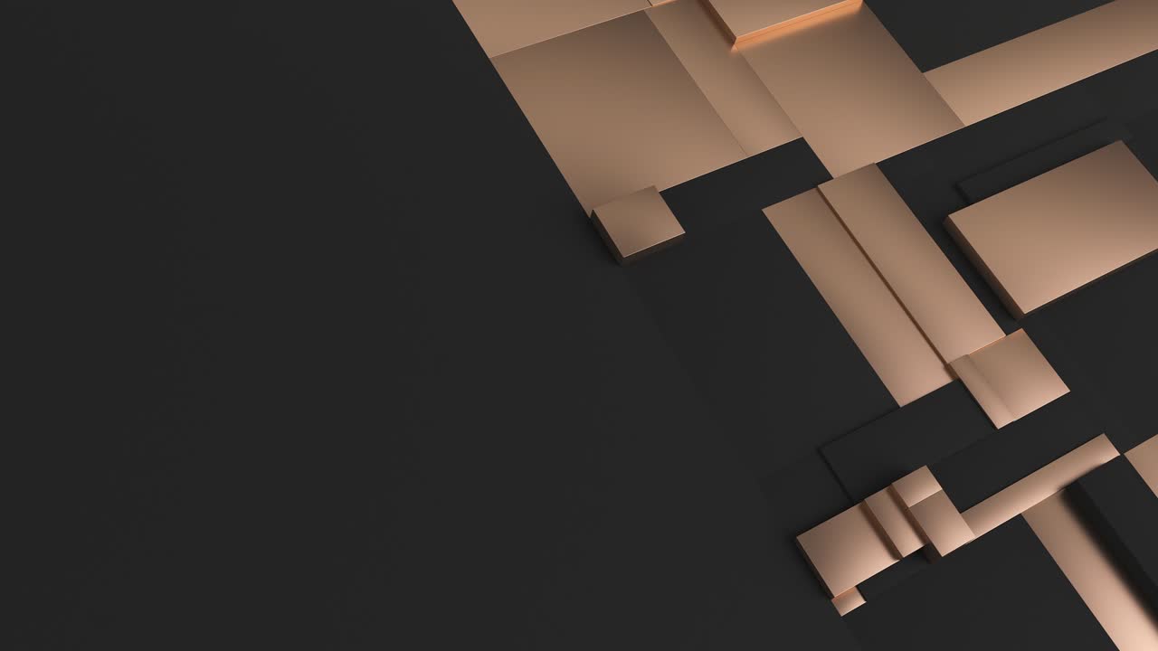 negro y dorado superficie rectangular tessellada en movimiento. fondo abstracto con azulejos fragmentados de escala tambaleante. patrón de diseño de movimiento 3d con animación de bucle y lugar para texto. renderizado 4k uhd