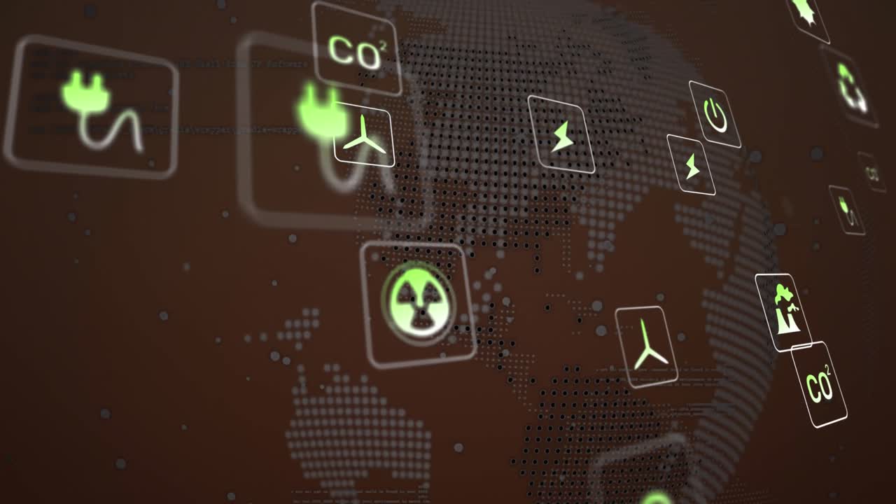 animación de iconos digitales y procesamiento de datos sobre un globo giratorio contra un fondo marrón.