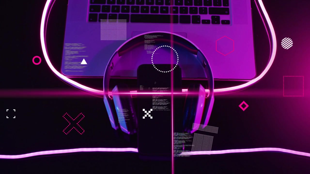 Neon loop glowing, overlays appearing and scanning across center headphones, visualizing audio data