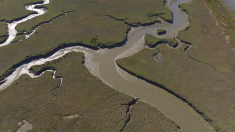 Tilt-Up-From-Water-Channels-to-Bair-Island-State-Marine-Park,-Aerial