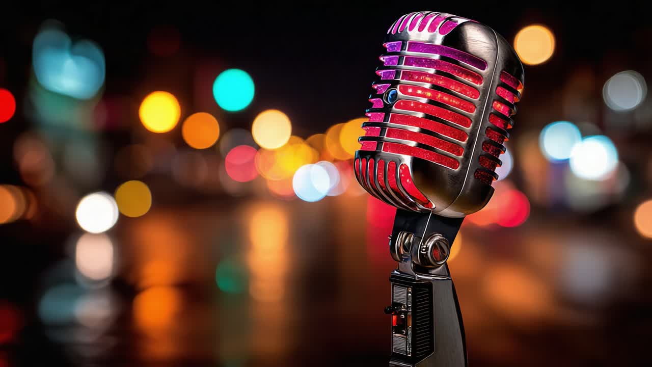 A Stunning Close-Up of a Vintage Microphone Glowing in Night Lights, Capturing the Essence of Music and Performance with a Strikingly Colorful Bokeh Background