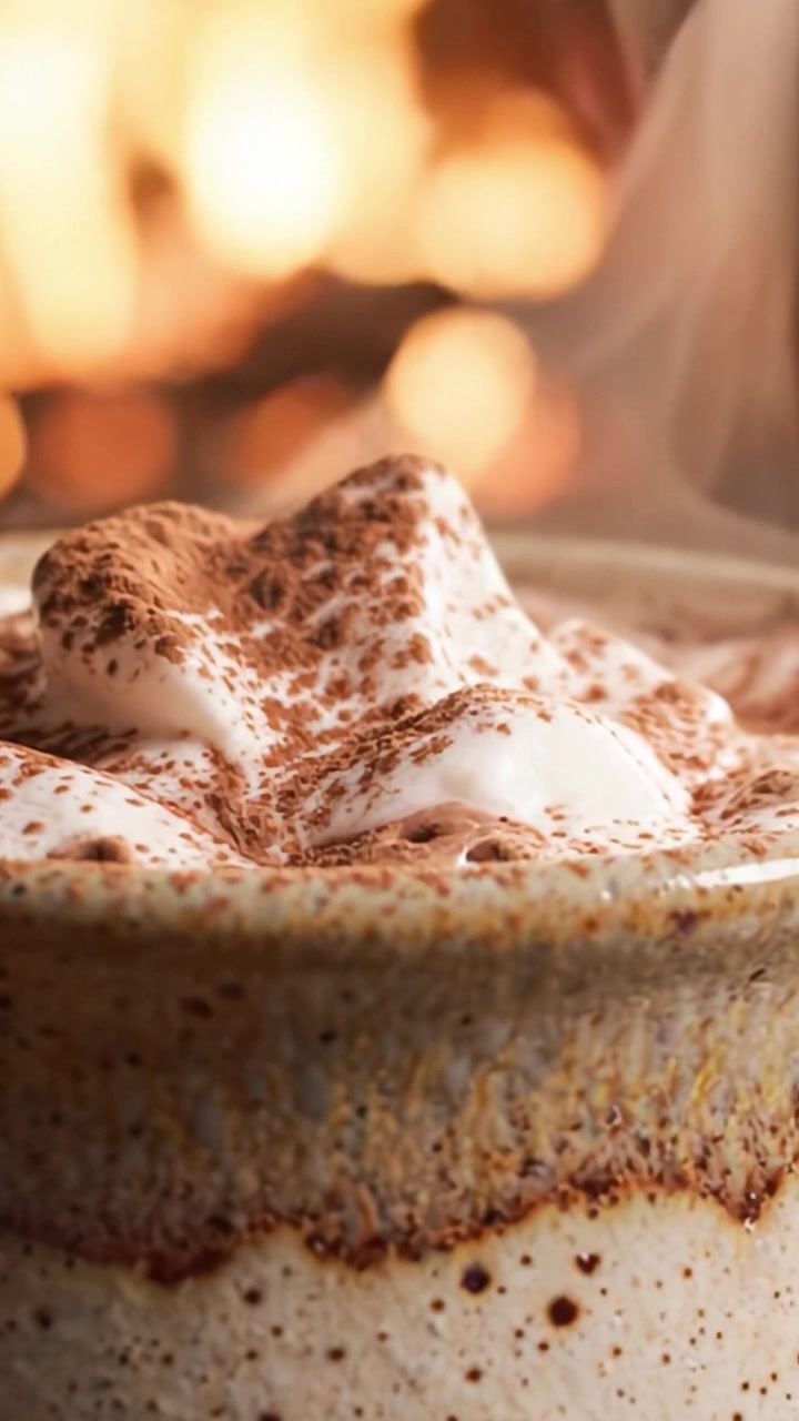 Una Tazza Accogliente di Cioccolata Calda con Marshmallow Cremosi e Polvere di Cacao, Perfettamente Catturata su uno Sfondo di Camino Acceso per un'Atmosfera Invernale Calda.