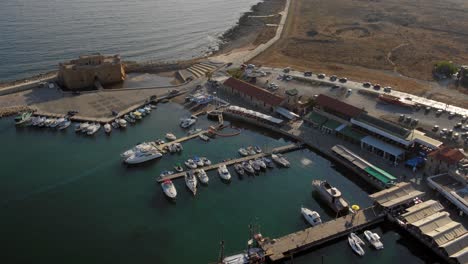 Aerial-shots-of-the-historical-port-of-Paphos,-Cyprus