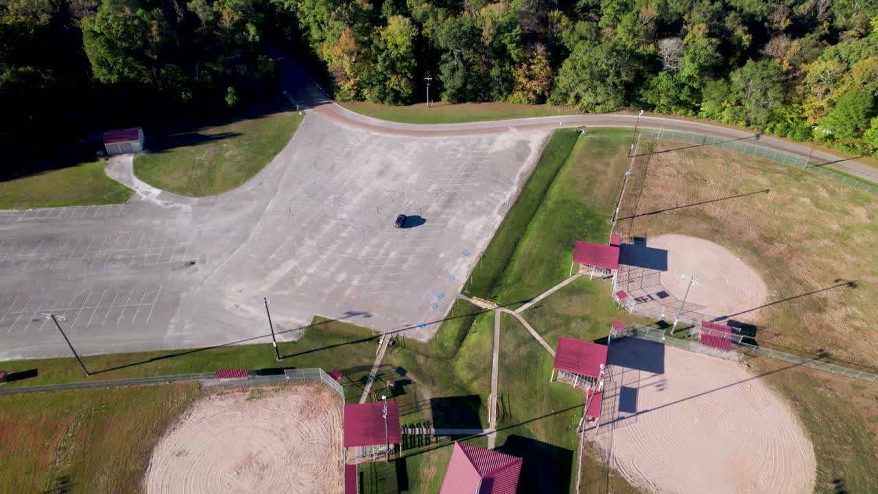 Aerial video of baseball fields in Kit McConnico Park in Lufkin, Texas shot in November of 2025