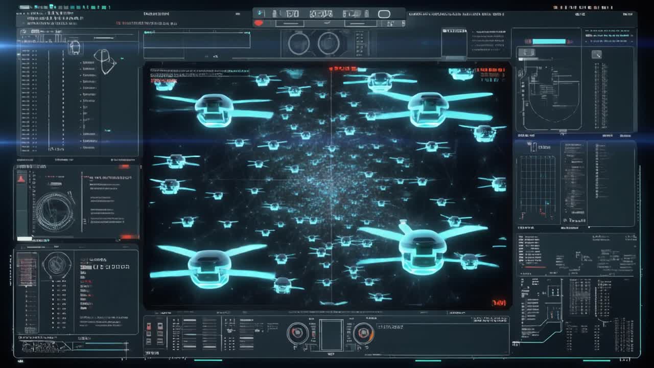 Futuristic Drones Swarm on Digital User Interface Display