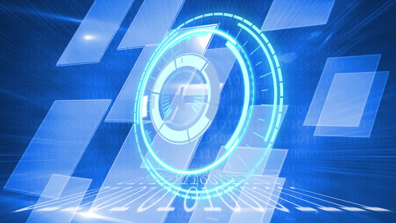 검은 바탕의 파란 사각형 위의 데이터 처리 및 안전 잠금의 애니메이션