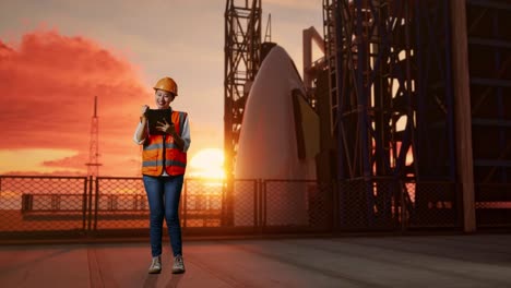 full body of asian female engineer with safety helmet taking note on the tablet and looking around while standing with space shuttle, sunset time