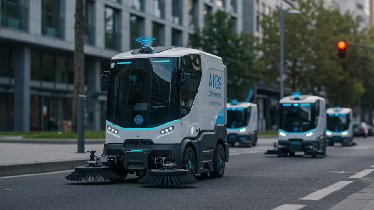 Innovative Autonomous Street Cleaning Vehicles Showcasing Advanced Robotics and Eco-Friendly Technology on Urban Streets for Enhanced Cleanliness and Efficiency
