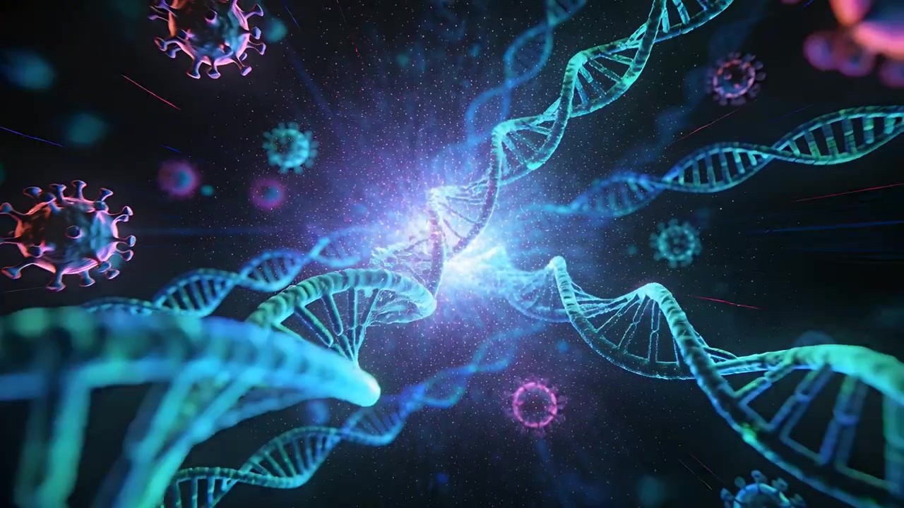 Sfera virale rosa che si forma e lega eliche di DNA ciano in un corridoio di DNA, causando un'esplosione del nucleo.