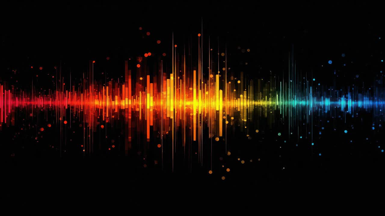Colorful soundwave pattern on a black background, viewed from a straight angle, resembling a video