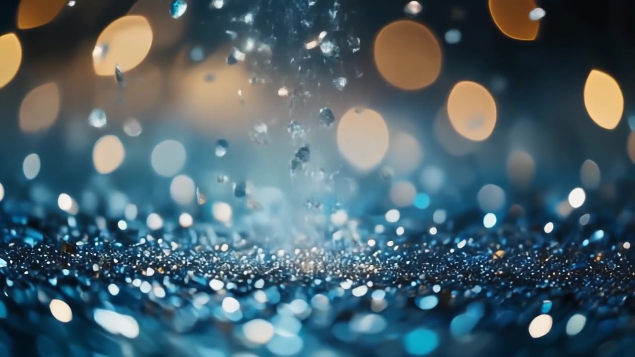 Gemme blu e particelle di glitter che cadono su una superficie riflettente