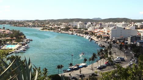 aerial panoramic view over araruama lagoon in cabo frio, rj, brazil, on a sunny day