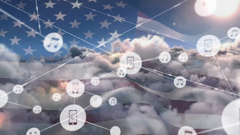 Animation-of-network-of-connection-and-icons-over-usa-flag-and-cloudy-sky