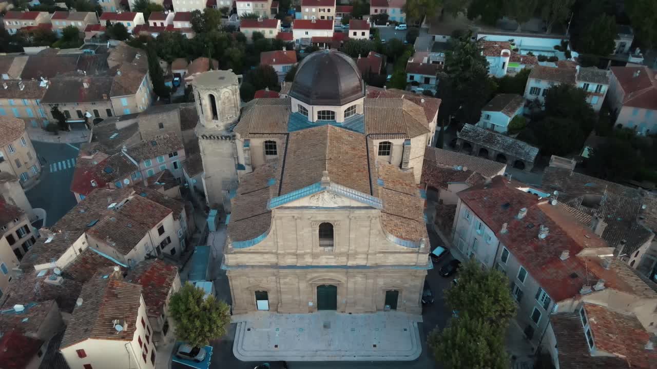 Aerial revealing shot of the &eacute;glise notre dame de l'assomption de lambesc