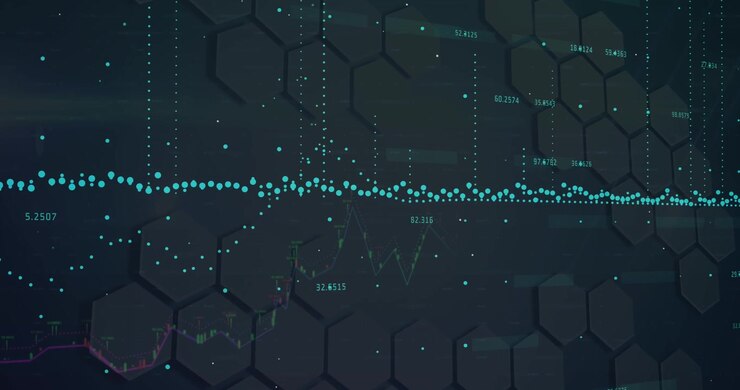 Animation of financial data processing over shapes on black background