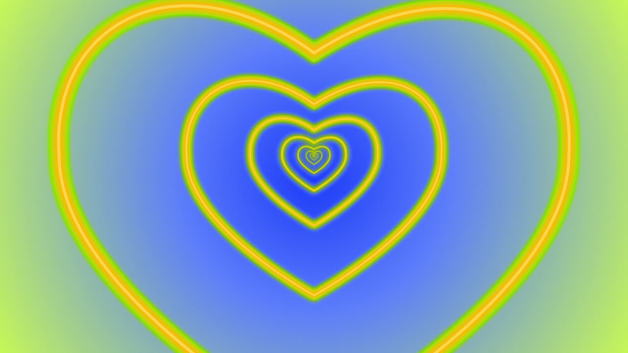 심장 로맨스 사랑 애니메이션 발렌타인 데이 네온 빛 터널 포털 시각 효과 배경 추상적인 색상 노란색 파란색