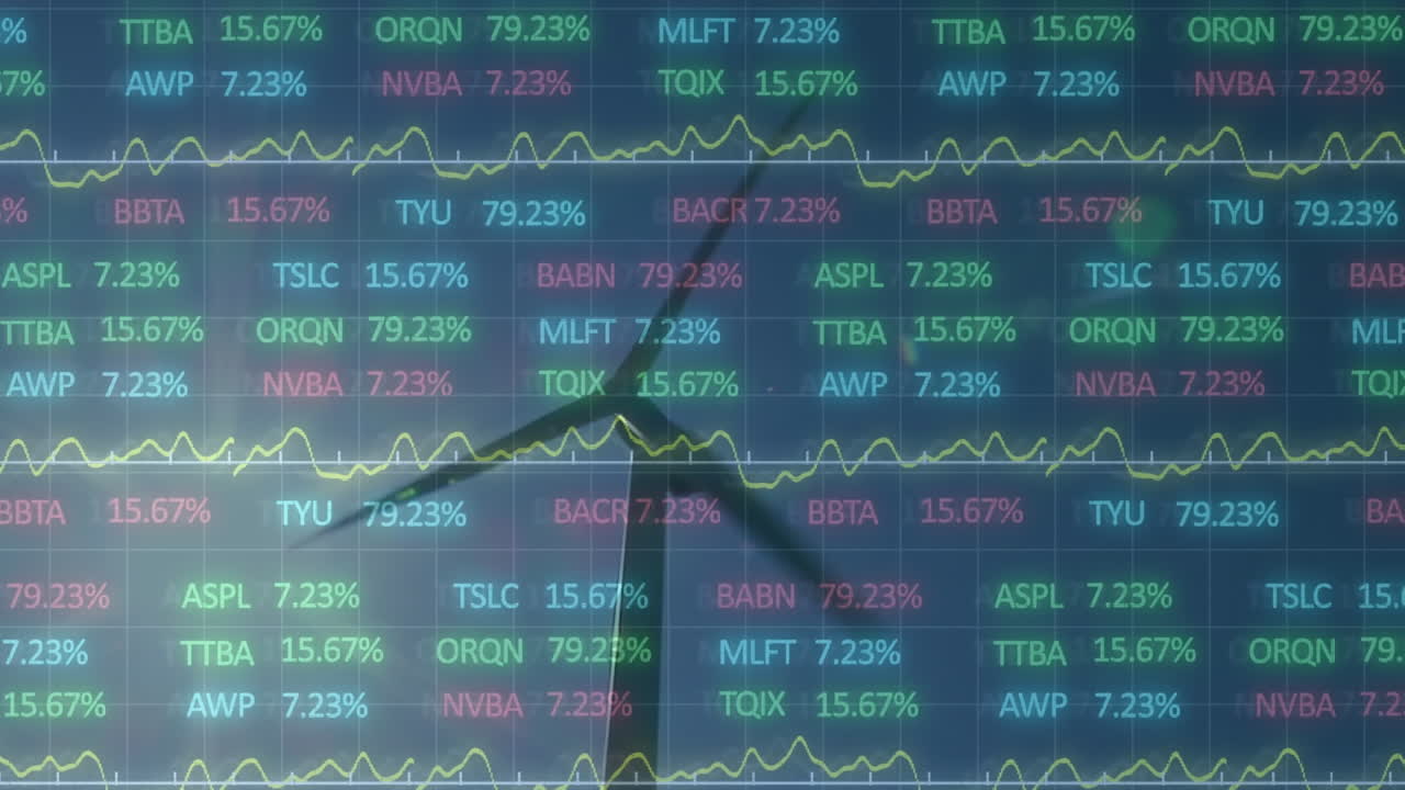 은 하늘을 배경으로 회전하는 풍차를 낮은 각도에서 볼 수 있는 거래 보드의 애니메이션