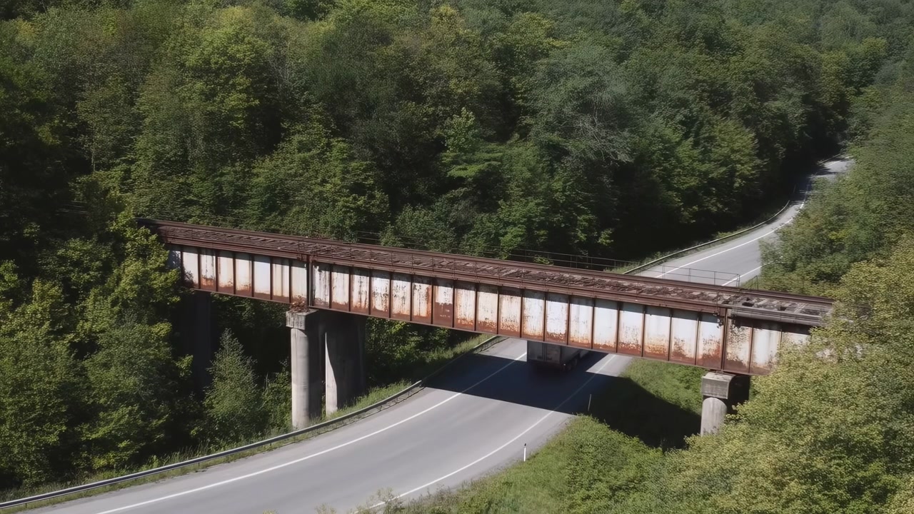 Vista aérea oblíqua mostra uma carreta articulada movendo-se sob uma ponte ferroviária de aço enferrujado em uma estrada sinuosa de duas pistas através de uma densa floresta mista, com luz solar, sombras e uma paisagem rural remota.
