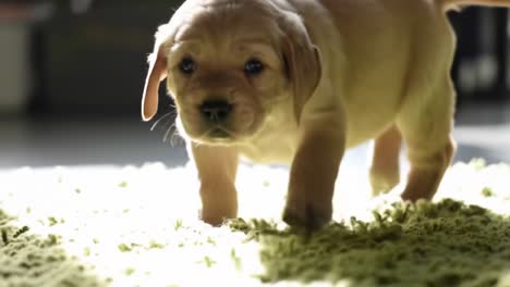 adorable labrador puppy exploring a cozy room with warm light and soft texture beneath its paws, capturing the joy of puppyhood in every step