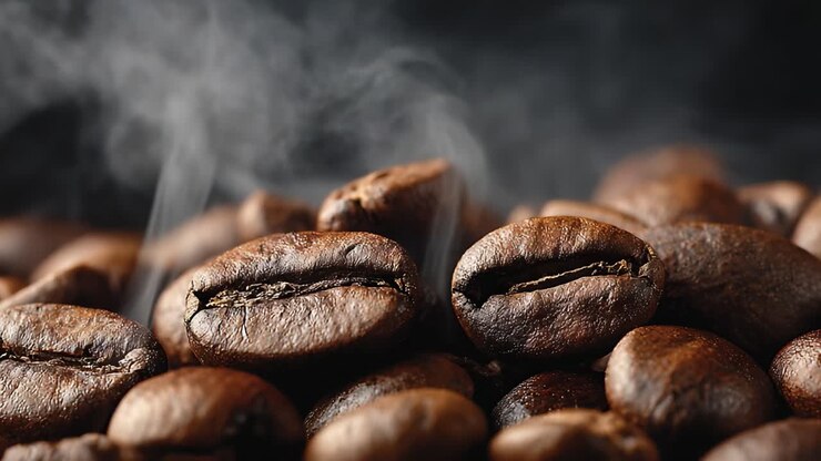 Rich Aromatic Coffee Beans with Steaming Essence: A Close-Up View of Freshly Roasted Coffee Enhancing Your Morning Ritual