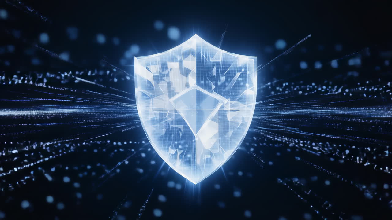 Futuristic digital shield with glowing edges and dynamic data lines, representing cybersecurity, firewall protection and secure data transmission