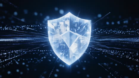 futuristic digital shield with glowing edges and dynamic data lines, representing cybersecurity, firewall protection and secure data transmission