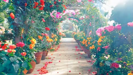 a walkway lined with lots of colorful flowers and plants