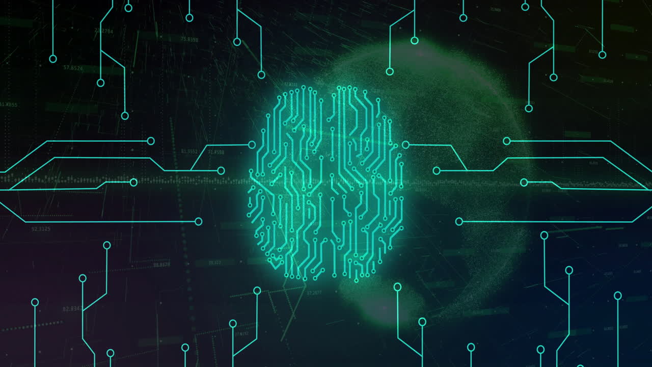 Digital brain circuitry with network connections and data processing animation