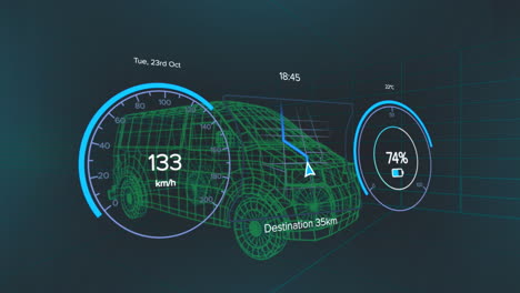 Animation of electric car icons and data processing over 3d car drawing