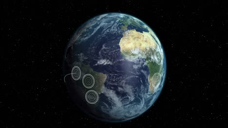 Drehender-Globus-Mit-Strahlenden-Weißen-Konzentrischen-Kreisen,-Die-Sich-Zwischen-Den-Territorien-Auf-Schwarzem-Hintergrund-Ausbreiten