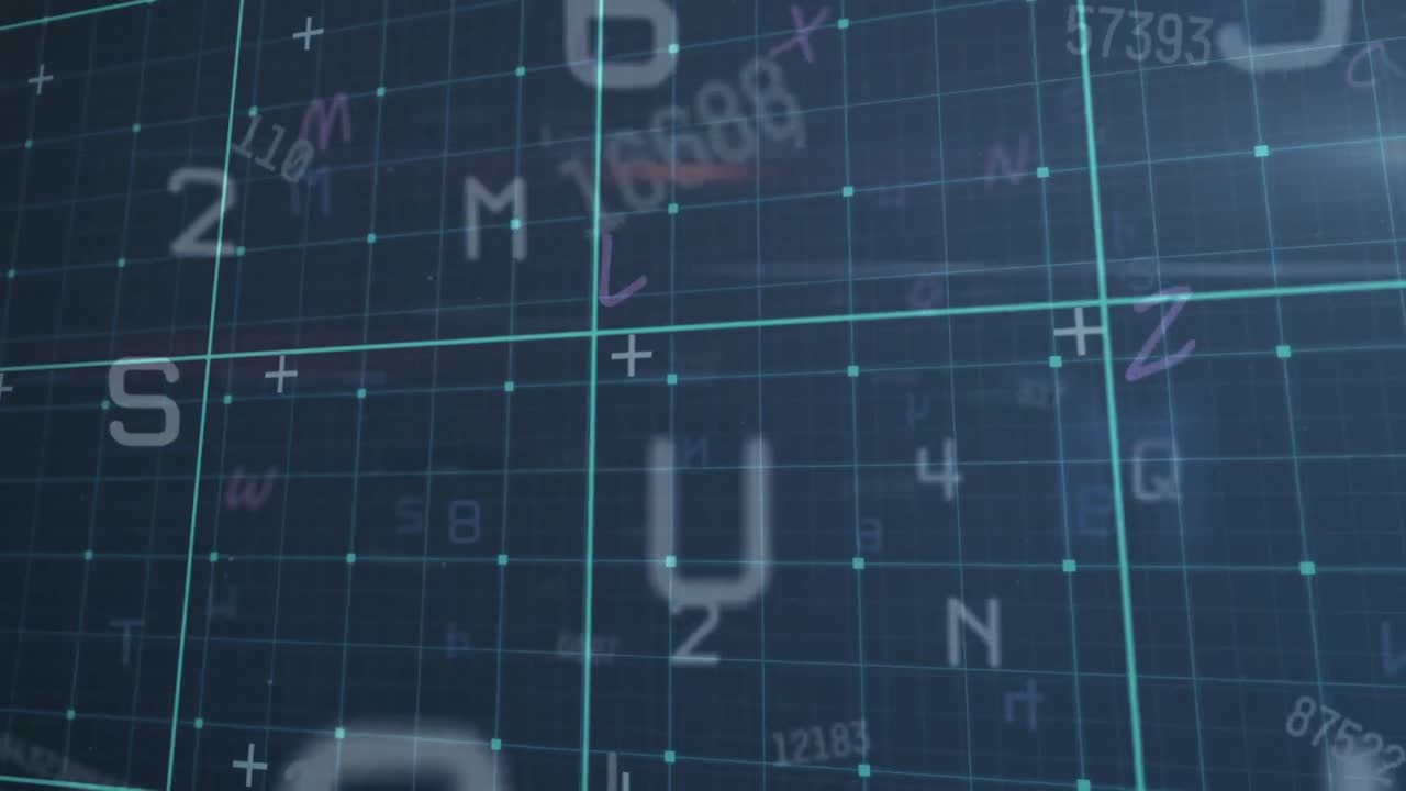 animación del procesamiento de datos sobre fondo azul con letras