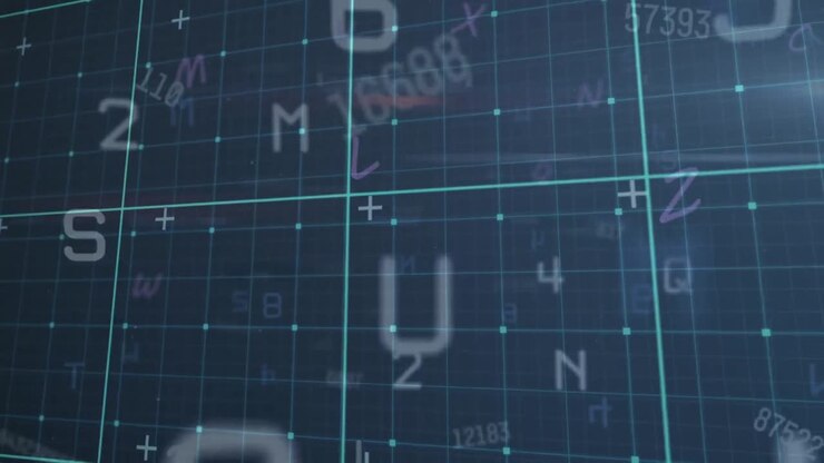 Animation of data processing on blue background with letters