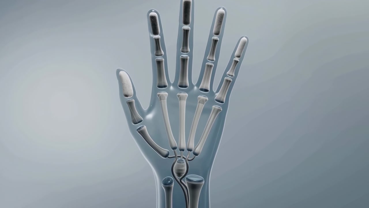 Centered metallic skeletal hand with raised fingers displayed against a soft gray gradient background, lit with clean studio lighting and a minimal futuristic appearance