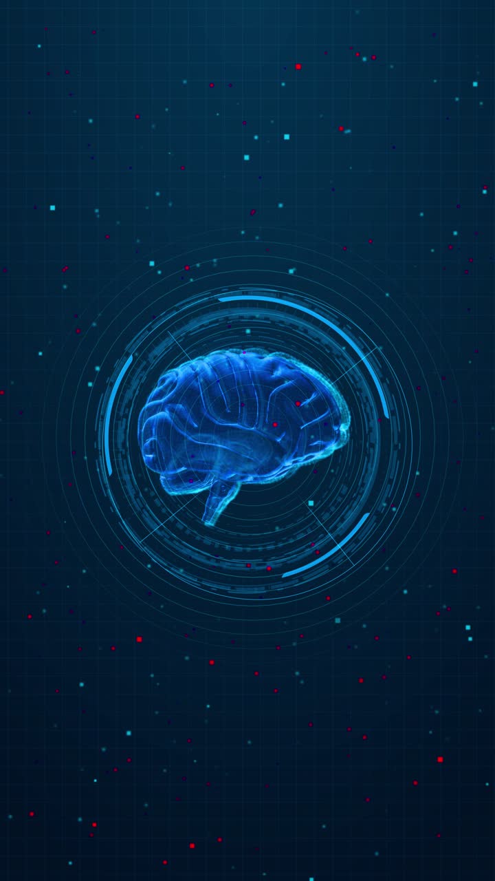 Futuristic glowing digital brain surrounded circular hud interface dark grid space artificial