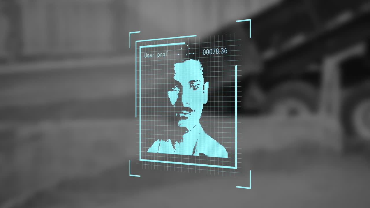 Holographic facial recognition panel floating over blurred road, displaying grid lines and codes