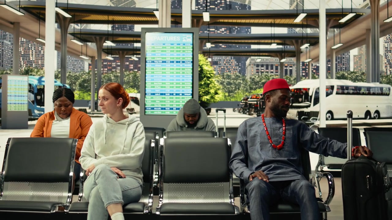 Stazione degli autobus affollata con viaggiatori in attesa di linee di autobus espresso e notturni.