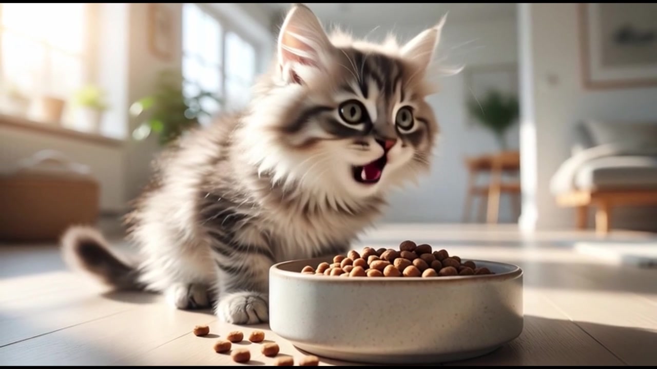 Flauschiges Kätzchen frisst zu Hause Trockenfutter aus einer Schale.