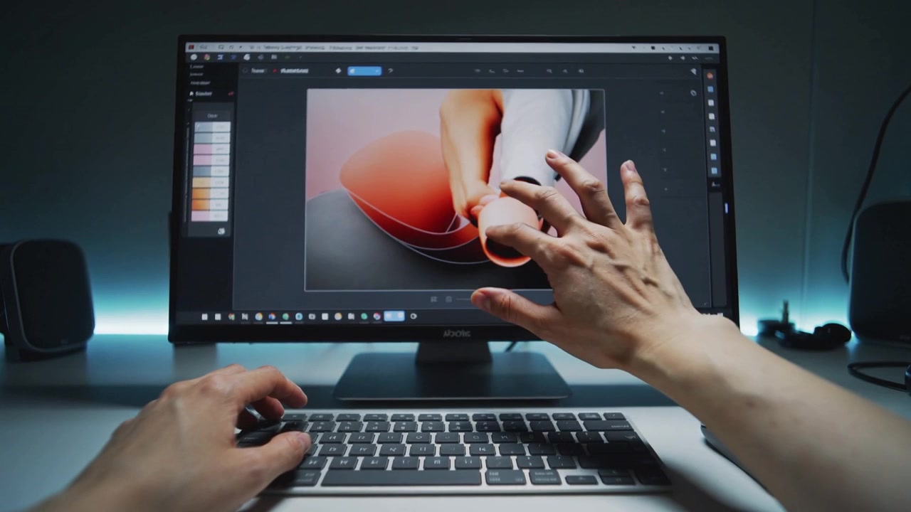 Mani e mouse dell'utente si muovono sulla scrivania, aprendo il selettore colori sul monitor, selezionando un colore per la modifica.