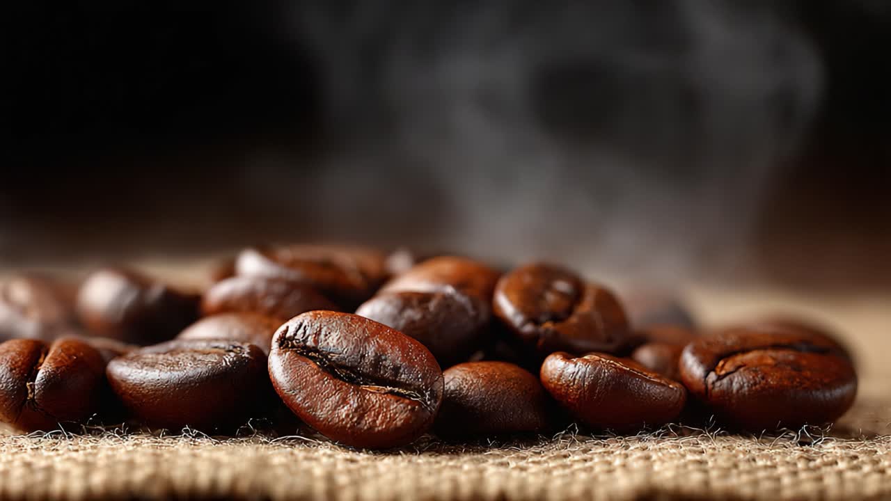 Fængslende aroma af friskristede kaffebønner, der stiger i damp, fremhæver kaffekulturens rige teksturer og naturlige nuancer i et smukt nærbillede
