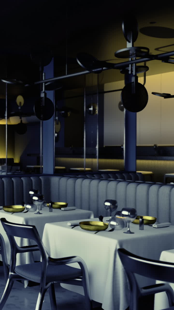 Spiseområde i moderne restaurant med tomme borde i aftenlys.