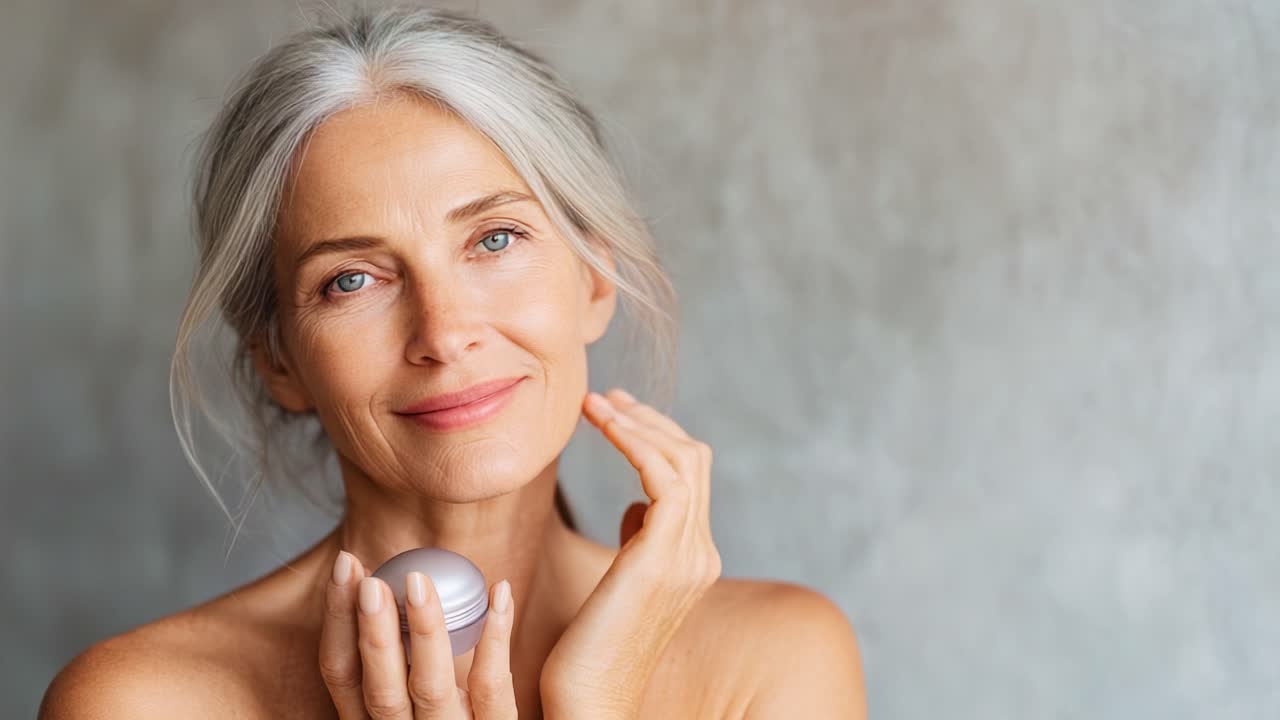 Belleza natural: una mujer madura y elegante con pelo plateado muestra rutinas de cuidado de la piel y un brillo radiante en un ambiente interior suave y elegante