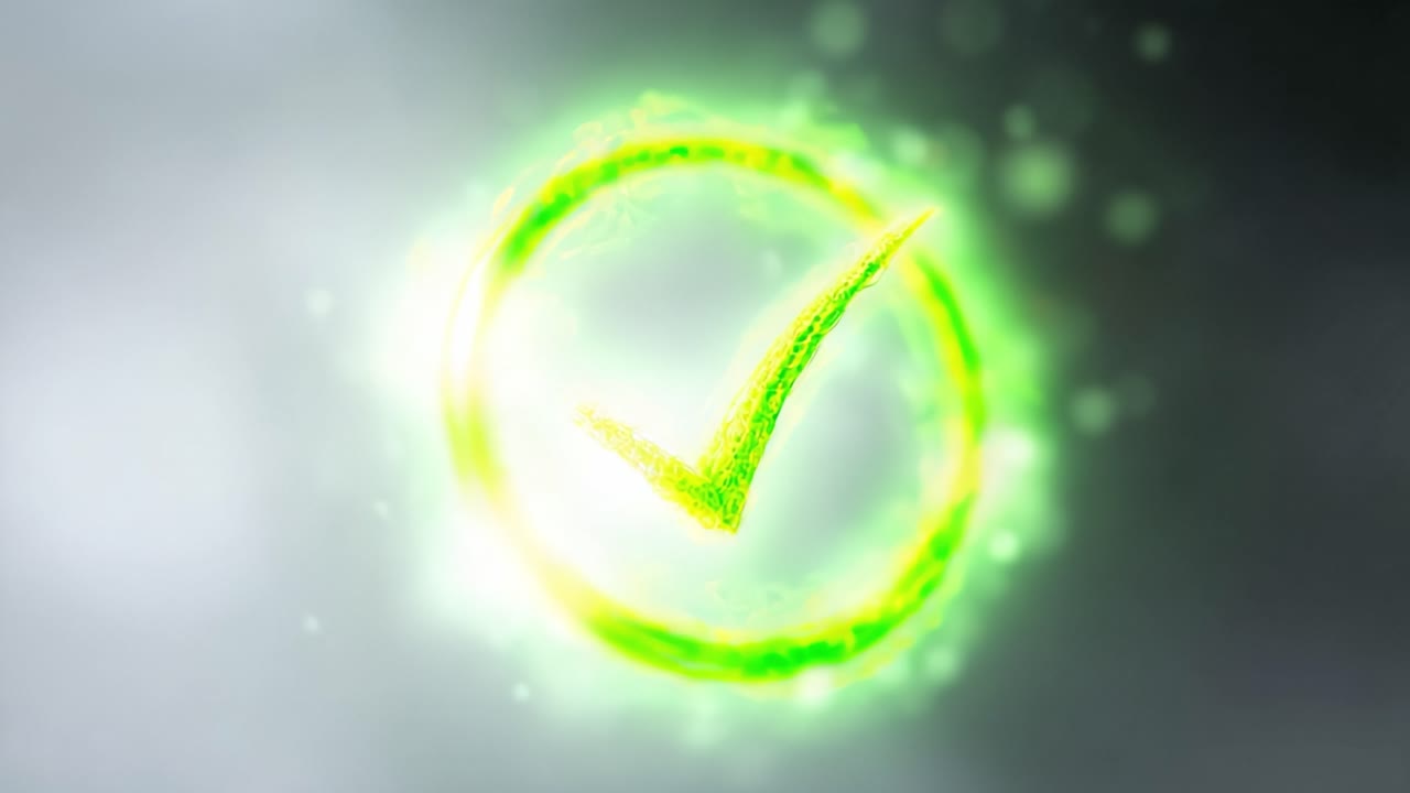 Vibrant Green Checkmark Symbolizing Approval and Success with a Magical Glow Effect in a Soft Cloudy Background for Positive Affirmation and Validation