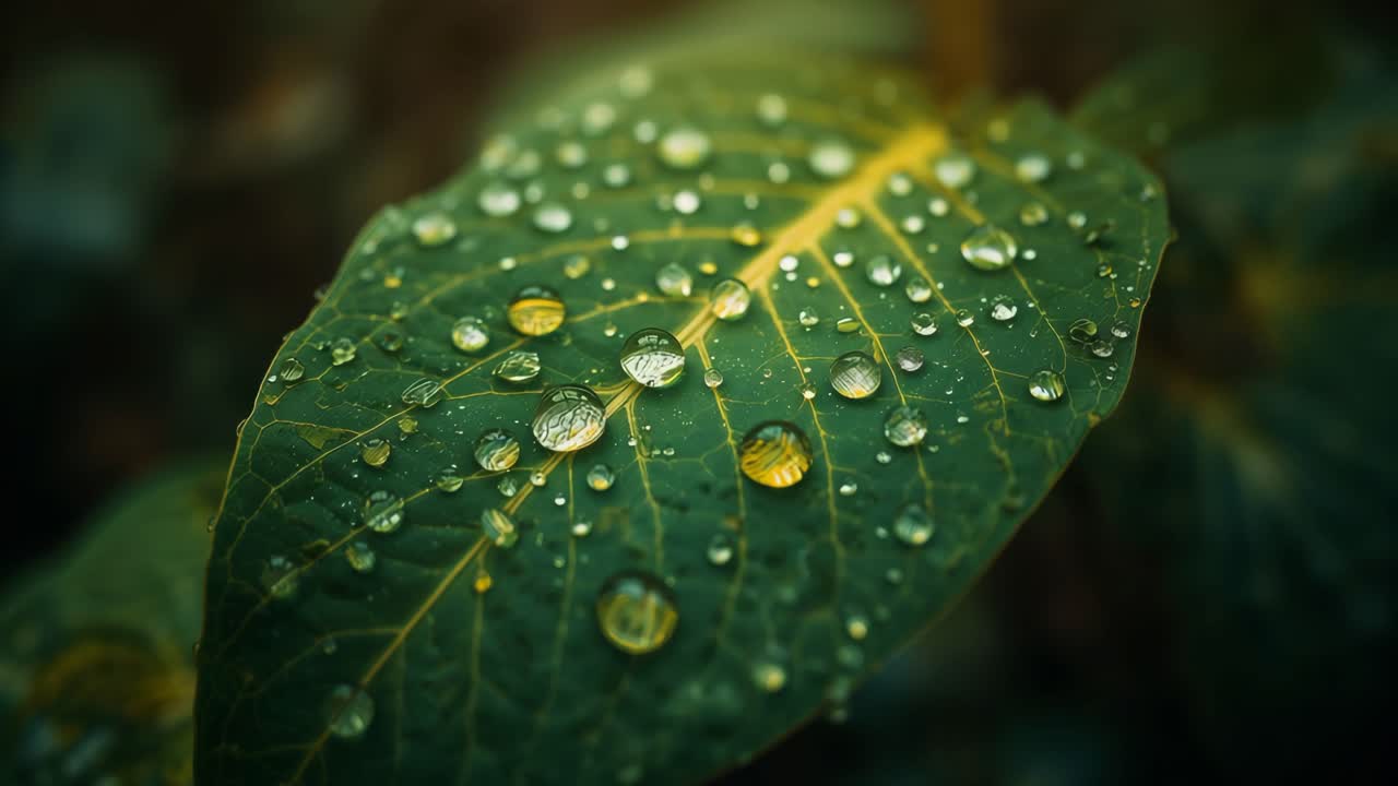 Displaying water droplets following rainfall, single green leaf reflecting light in shaded garden